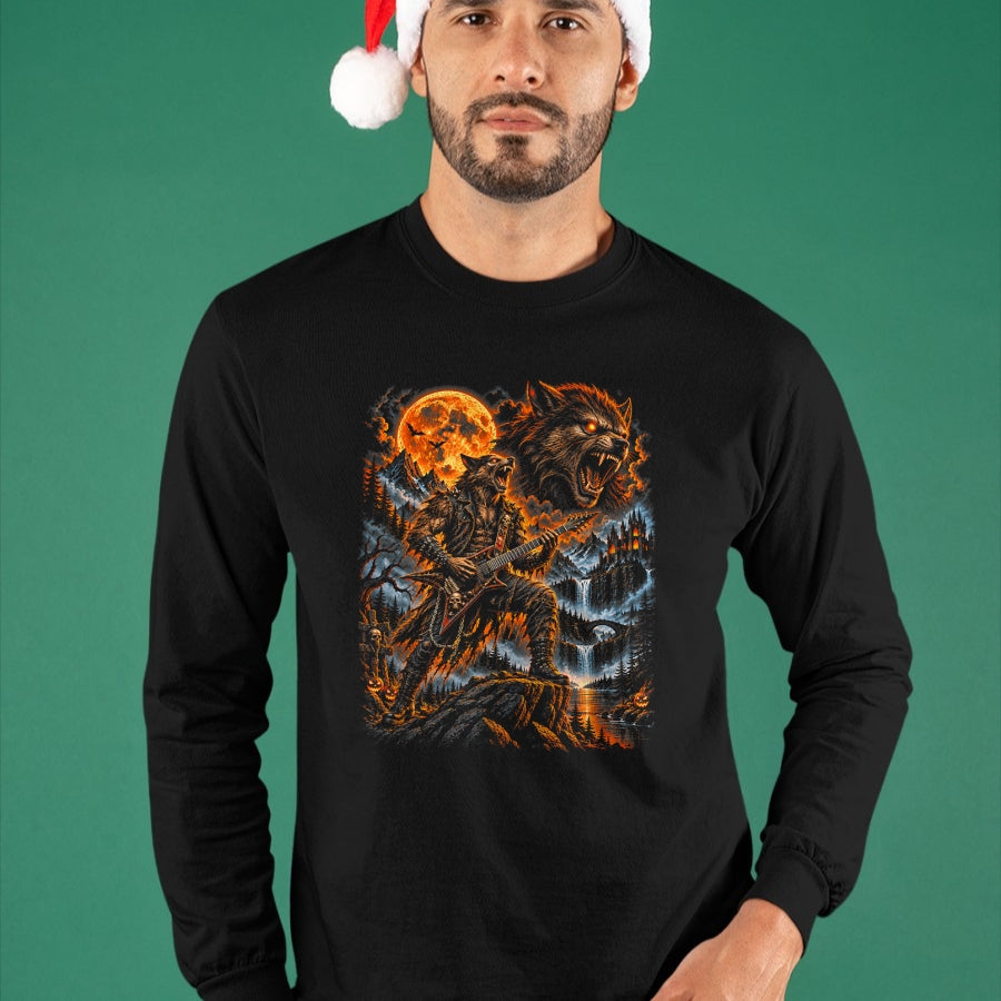 Guitar Lover Shirt, Funny Guitar UnisexT-Shirt/Hoodie/Sweatshirt HLT00 - Werewolf Howling Moon Men Women Playing Guitar Halloween T-Shirt