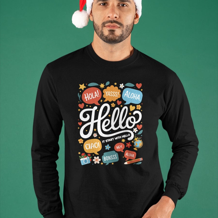 Best Teacher Shirt, Funny Teacher UnisexT-Shirt/Hoodie/Sweatshirt HLT00 - It Starts with Hello Friendship Inclusion Language Teacher T-Shirt (2)