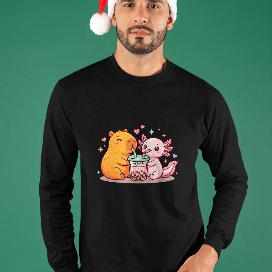 Cute Capybara Shirt, Funny Capybara Unisex T-Shirt/Hoodie/Sweatshirt HLT00 - Cute Capybara and Axolotl Bubble Tea Boba Girls Kawaii T-Shirt