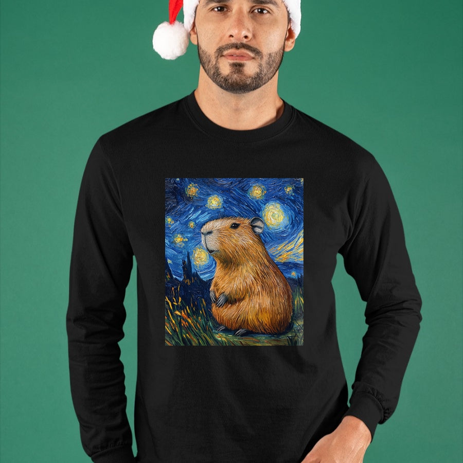 Cute Capybara Shirt, Funny Capybara Unisex T-Shirt/Hoodie/Sweatshirt HLT00 - Capybara Van Gogh Style Starry Night Funny Graphic T-Shirt