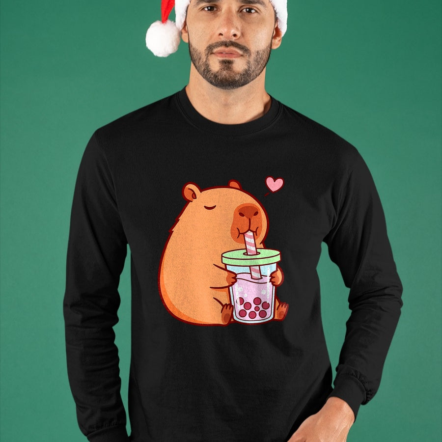 Cute Capybara Shirt, Funny Capybara Unisex T-Shirt/Hoodie/Sweatshirt HLT00 - Cute Capybara Kawaii Anime Girls Drinking Boba Tea Lover T-Shirt