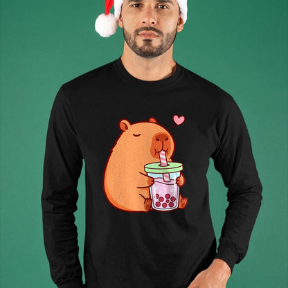 Cute Capybara Shirt, Funny Capybara Unisex T-Shirt/Hoodie/Sweatshirt HLT00 - Cute Capybara Kawaii Anime Girls Drinking Boba Tea Lover T-Shirt