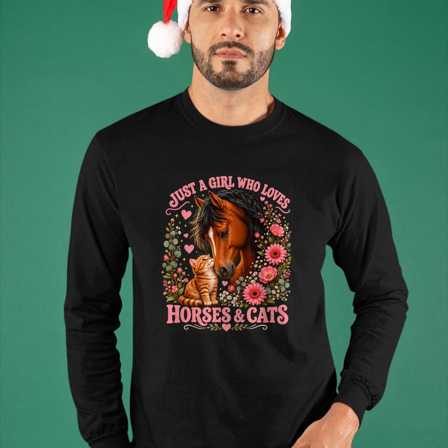 Best Horse Lover Shirt , Funny Horse UnisexT-Shirt/Hoodie/Sweatshirt HLT00 - Just a Girl Who Loves Horses and Cats Floral Animal Lover T-Shirt