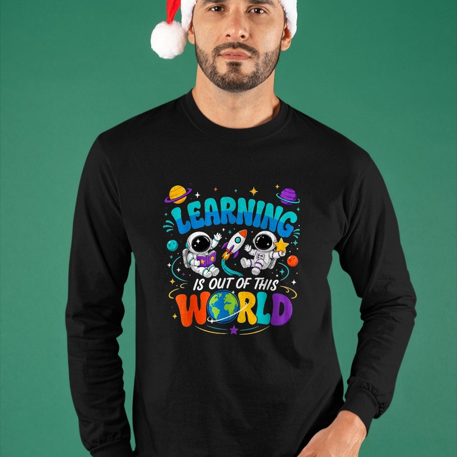 Best Student Shirt, Funny Back To School UnisexT-Shirt/Hoodie/Sweatshirt HLT00 - Learning is Out of This World Space Back to School Teacher T-Shirt, Women, Black, Small