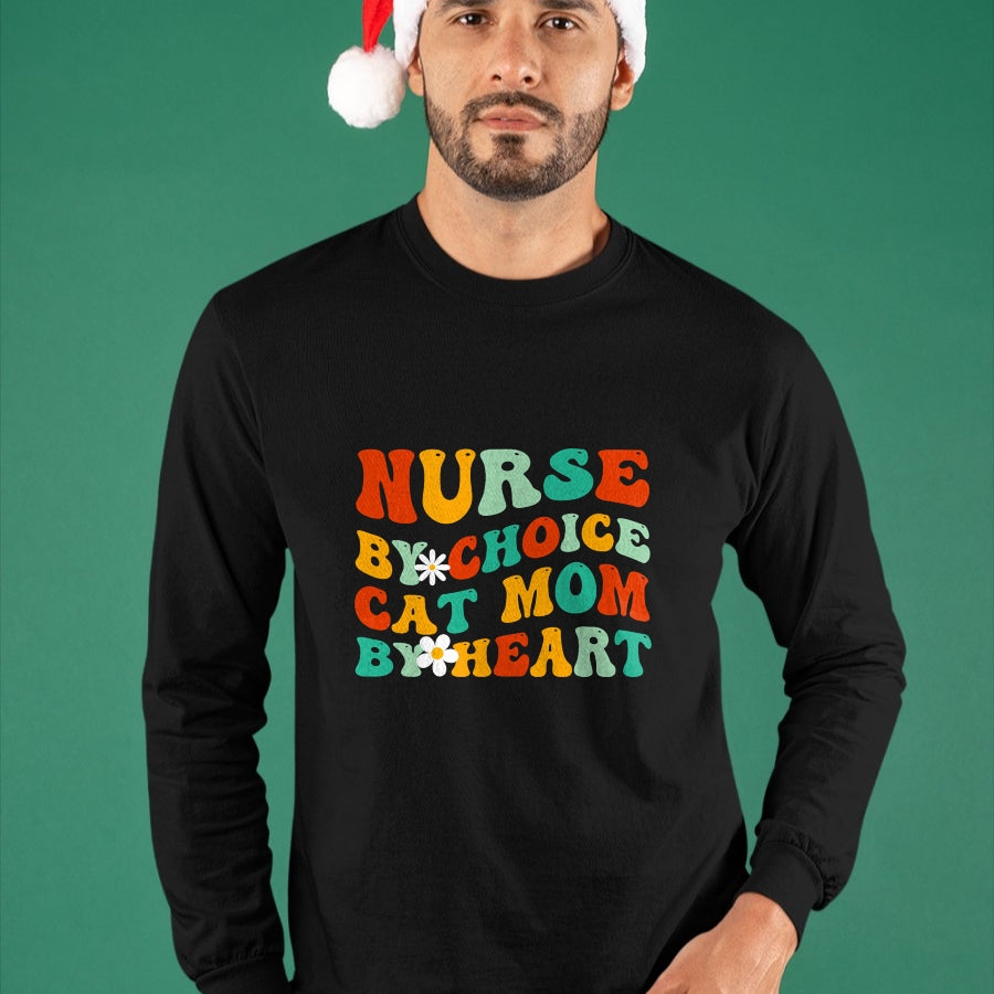 Funny Nurse Shirt, Nurse Unisex T-Shirt/Hoodie/Sweatshirt HLT00 - Nurse By Choice Cat Mom By Heart, Funny Groovy Cat Lover Mom T-Shirt