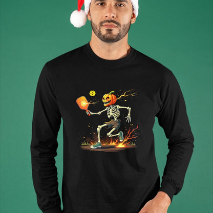 Funny Pickleball Shirt, Pickleball Lover Unisex T-Shirt/Hoodie/Sweatshirt HLT00 - Pumpkin Head Skeleton Pickleball Halloween Spooky Sports T-Shirt