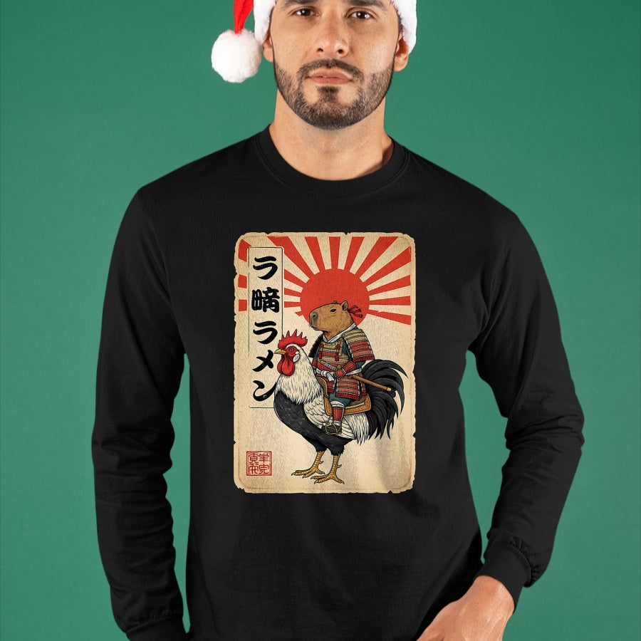 Cute Capybara Shirt, Funny Capybara Unisex T-Shirt/Hoodie/Sweatshirt HLT00 - Vintage Japanese Samurai Capybara Rooster Chicken Anime T-Shirt
