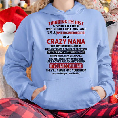 SPOILED GRANDDAUGHTER OF A CRAZY NANA T-SHIRT January Edition - From grandma to granddaughter - NINA01 (SKU07-129-01)