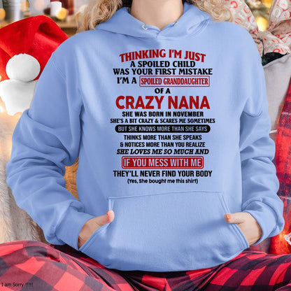 SPOILED GRANDDAUGHTER OF A CRAZY NANA T-SHIRT November Edition – From grandma to granddaughter - NINA11 (SKU07-129-11)