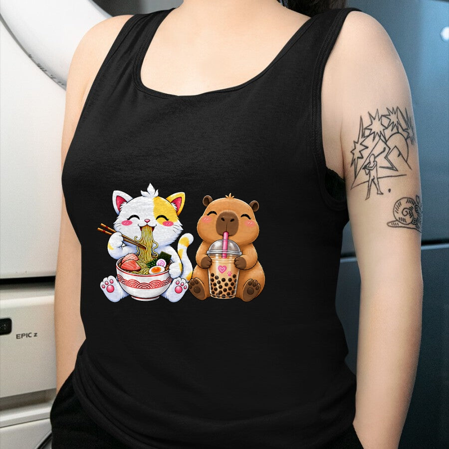 Cute Capybara Shirt, Funny Capybara Unisex T-Shirt/Hoodie/Sweatshirt HLT00 - Cute Cat Capybara Ramen Boba Kawaii Anime Noodle Bubble Tea T-Shirt