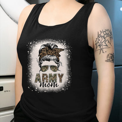Gift for Mom Shirt, Funny Mom Unisex T-Shirt/Hoodie/Sweatshirt HLT00 - Proud Army Mom Women Leopard Camo Messy Bun Bleached T-Shirt