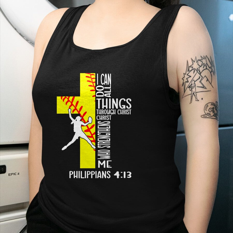 Christian Tee, Christian Faith Unisex T-Shirt/Hoodie/Sweatshirt HLT00 - I Can Do All Things Through Christ Softball Christian Bible T-Shirt