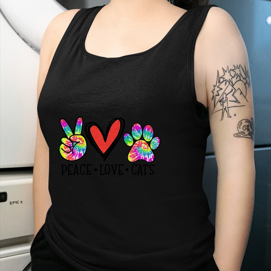 Cat Love Shirt, Funny Cat Lover Gift UnisexT-Shirt/Hoodie/Sweatshirt HLT00 - Peace Love Cats Paws Tie Dye Rainbow Animal Rescue Womens T-Shirt