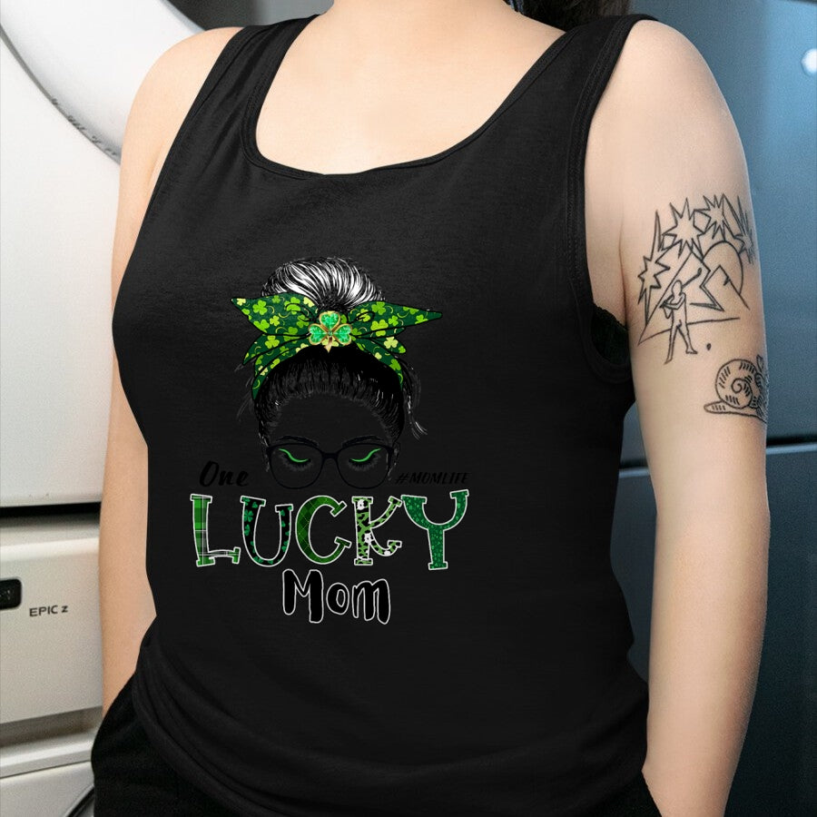 Gift for Mom Shirt, Funny Mom Unisex T-Shirt/Hoodie/Sweatshirt HLT00 - One Lucky Mom St Patricks Day Shamrock Messy Bun T-Shirt