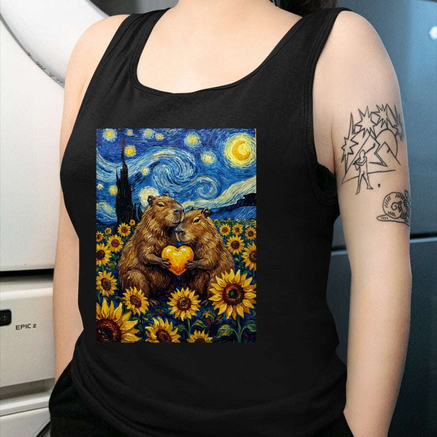 Cute Capybara Shirt, Funny Capybara Unisex T-Shirt/Hoodie/Sweatshirt HLT00 - Capybara Starry Night with Heart and Sunflowers Long Sleeve T-Shirt