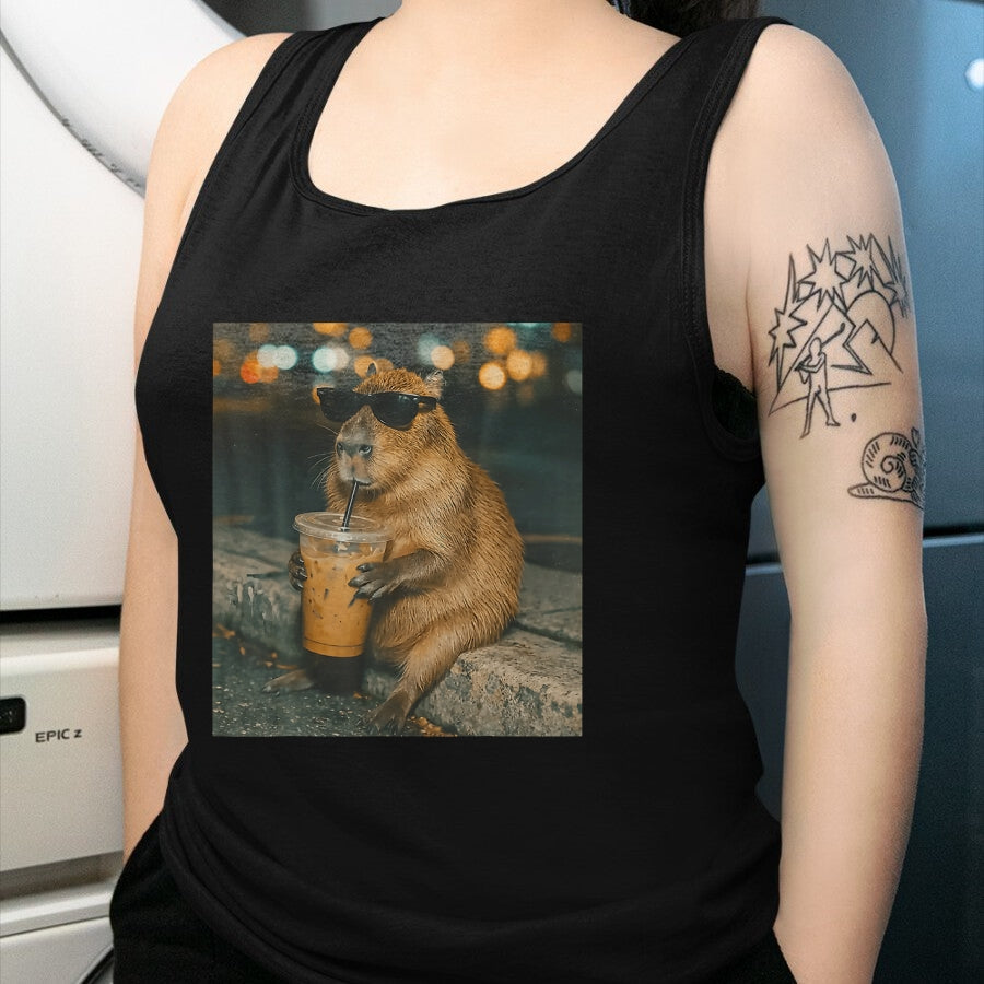 Cute Capybara Shirt, Funny Capybara Unisex T-Shirt/Hoodie/Sweatshirt HLT00 - Funny Capybara Drinking Iced Coffee Cute Animal Meme T-Shirt