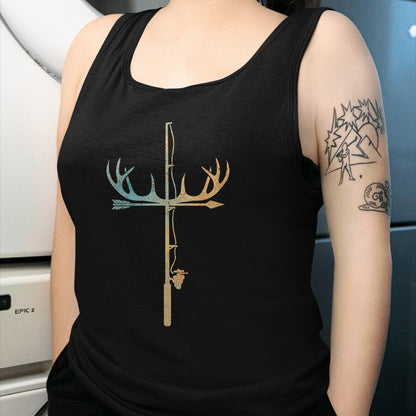 Funny Hunting Shirt, Gift For Hunting Lover Unisex T-Shirt/Hoodie/Sweatshirt HLT00 - Antler Fishing Rod Cross God Family Hunting Fishing T-Shirt