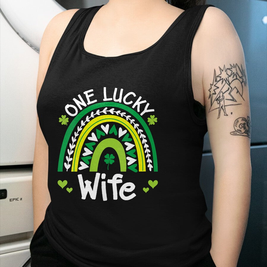 Best Wife Shirt, Wife and Husband Unisex T-Shirt/Hoodie/Sweatshirt HLT00 - Gift for wife T shirt, lucky wife   Womens One Lucky Wife Boho Rainbow St Patricks Day Shamrock V-Ne