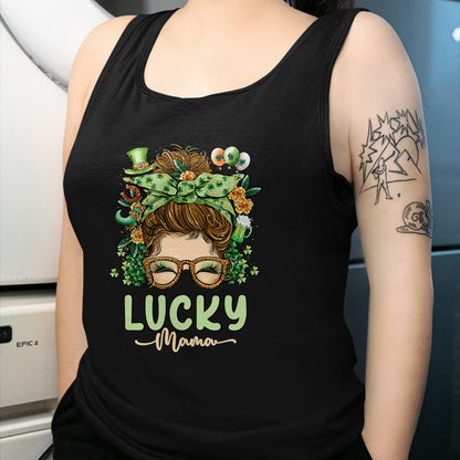 Gift for Mom Shirt, Funny Mom Unisex T-Shirt/Hoodie/Sweatshirt HLT00 - Lucky Mama St Patricks & Mothers Day Mom Messy Bun Irish T-Shirt