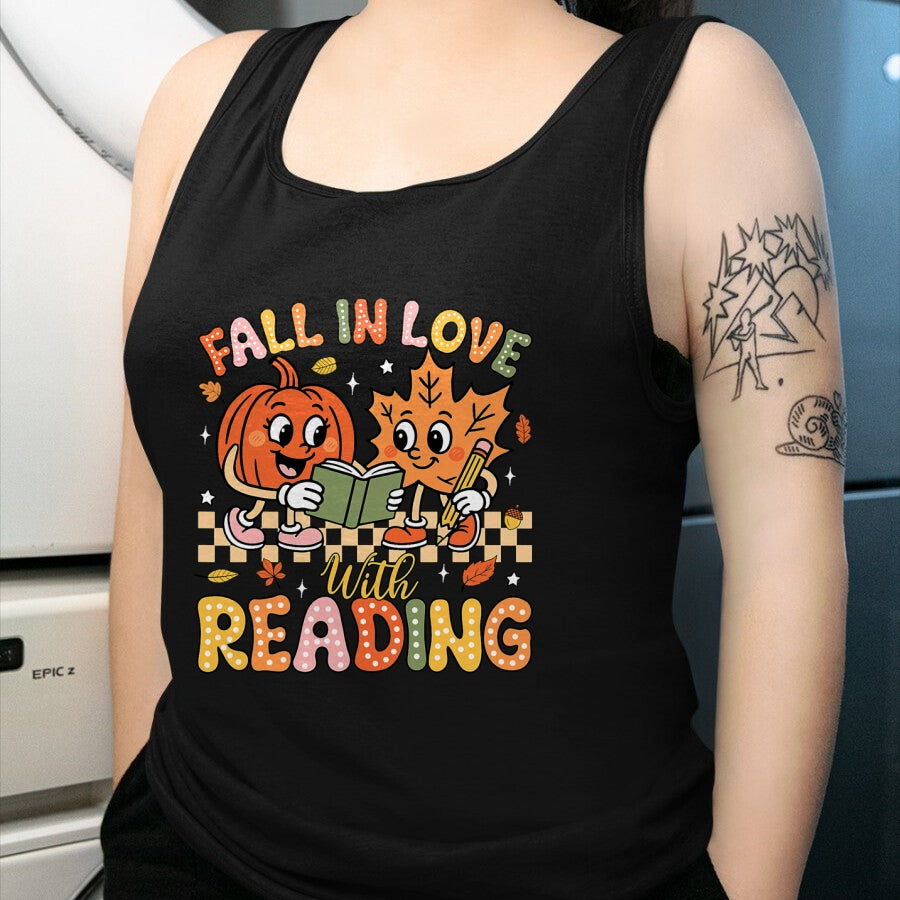 Best Teacher Shirt, Funny Teacher UnisexT-Shirt/Hoodie/Sweatshirt HLT00 - Fall in Love with Reading Autumn Pumpkin Teacher Book Lover T-Shirt