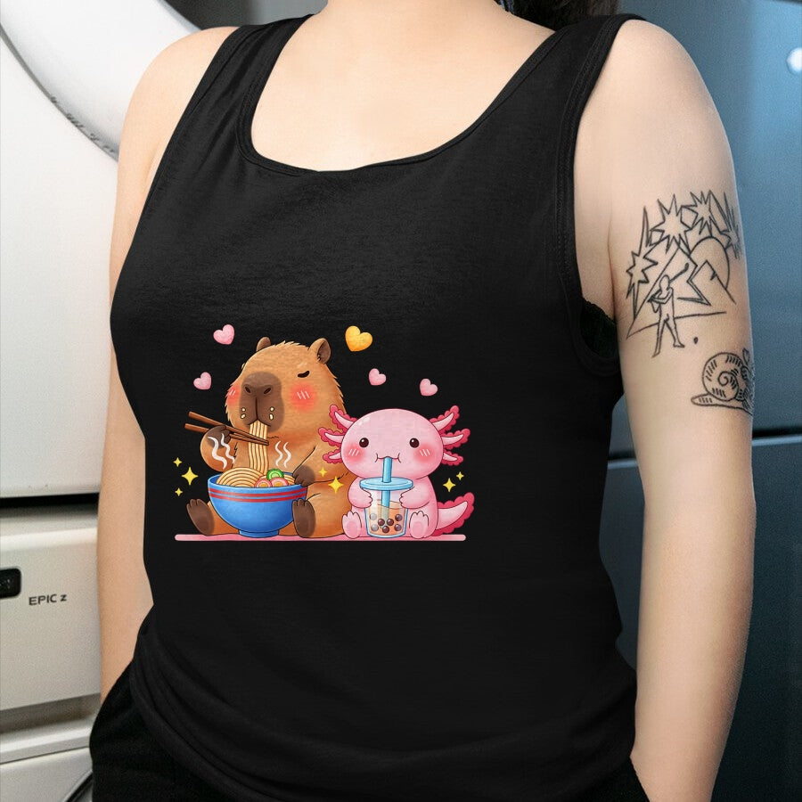 Cute Capybara Shirt, Funny Capybara Unisex T-Shirt/Hoodie/Sweatshirt HLT00 - Cute Capybara Ramen and Axolotl Boba Kawaii Boys Girls Kids T-Shirt