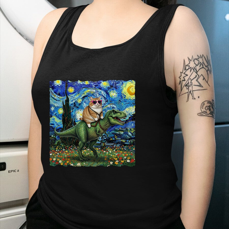Cat Love Shirt, Funny Cat Lover Gift UnisexT-Shirt/Hoodie/Sweatshirt HLT00 - Cat Riding Dinosaur T-Rex Starry Night Van Gogh Cat Lover T-Shirt