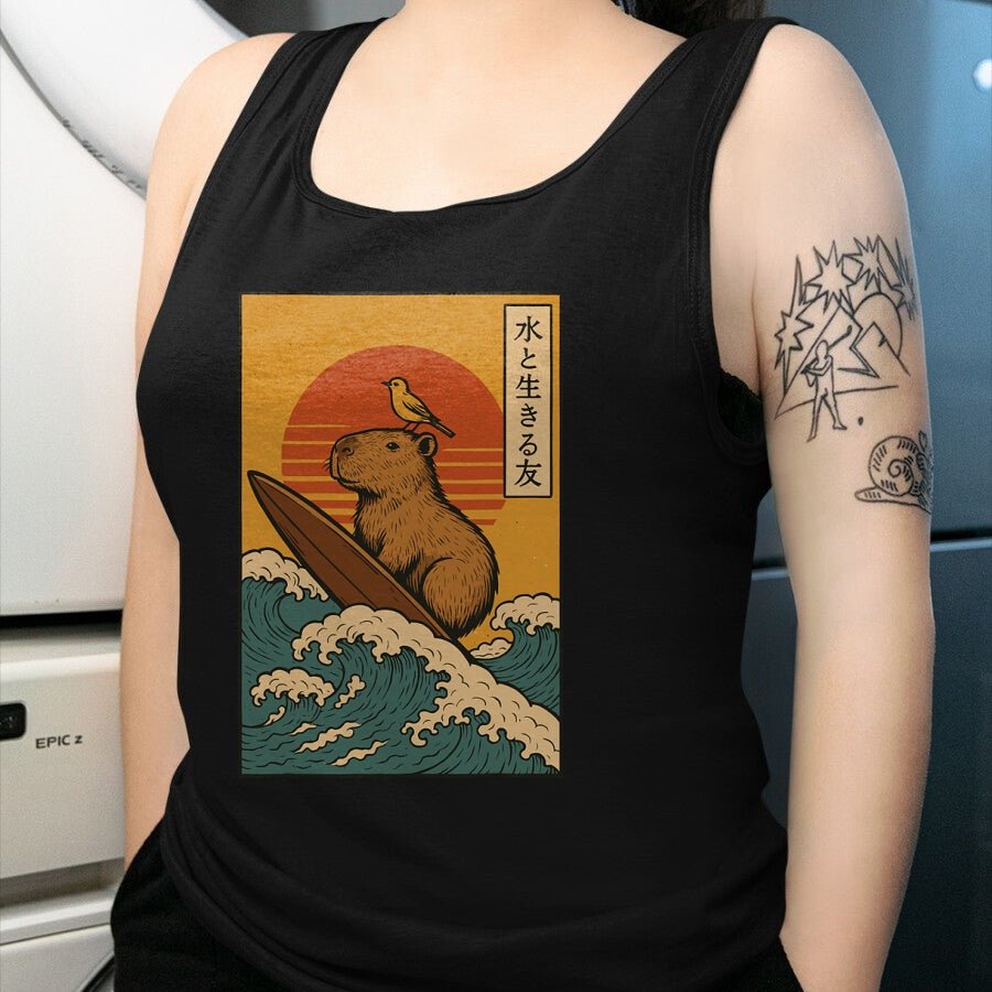 Cute Capybara Shirt, Funny Capybara Unisex T-Shirt/Hoodie/Sweatshirt HLT00 - Capybara Surfing Japanese T-Shirt