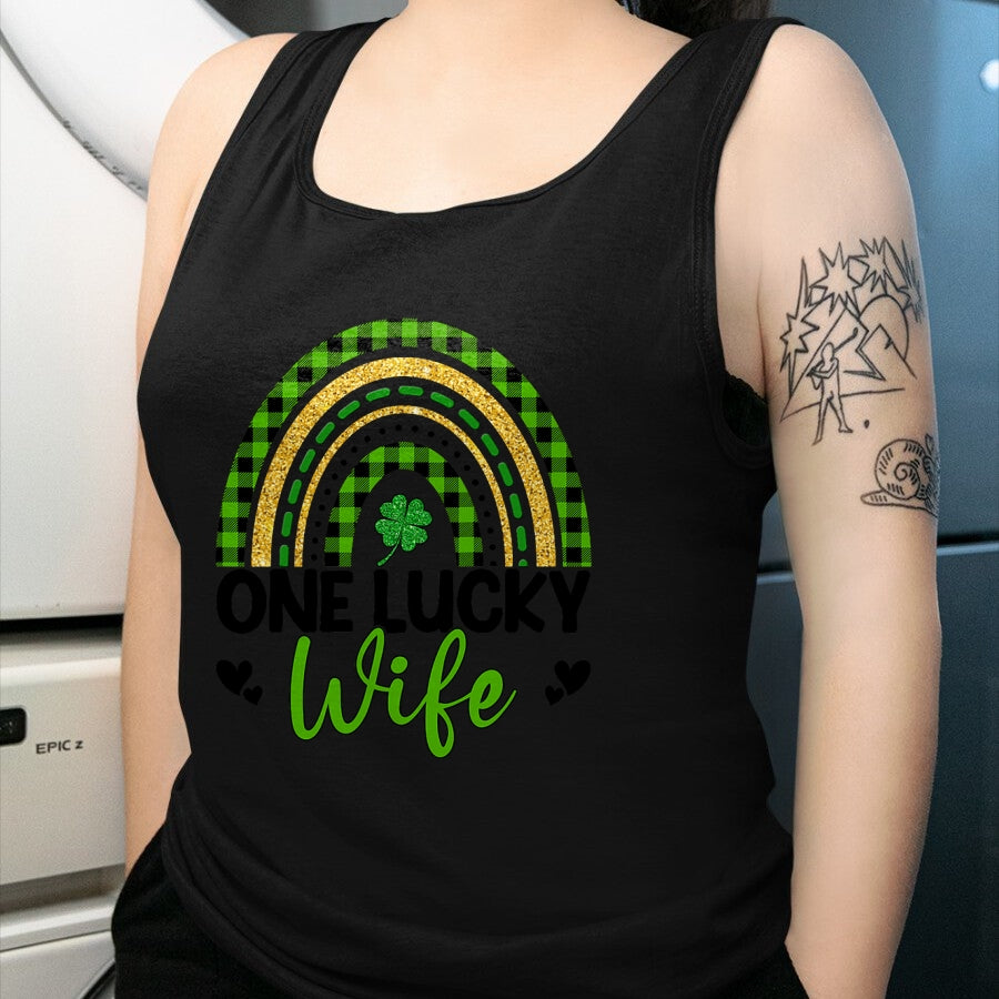 Best Wife Shirt, Wife and Husband Unisex T-Shirt/Hoodie/Sweatshirt HLT00 - Gift for wife T shirt, lucky wife   Womens One Lucky Wife Boho Rainbow St Patricks Day Shamrock Tank
