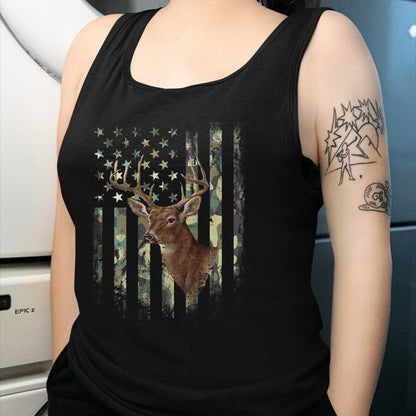 Funny Hunting Shirt, Gift For Hunting Lover Unisex T-Shirt/Hoodie/Sweatshirt HLT00 - (Art on Back) American Flag Deer Hunting Camo T-Shirt