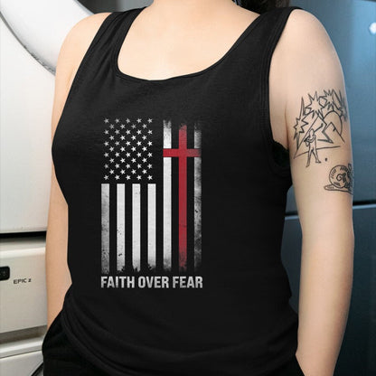 Christian Tee, Christian Faith Unisex T-Shirt/Hoodie/Sweatshirt HLT00 - Christian US USA Flag American Christ Faith Over Fear Cross T-Shirt (1)