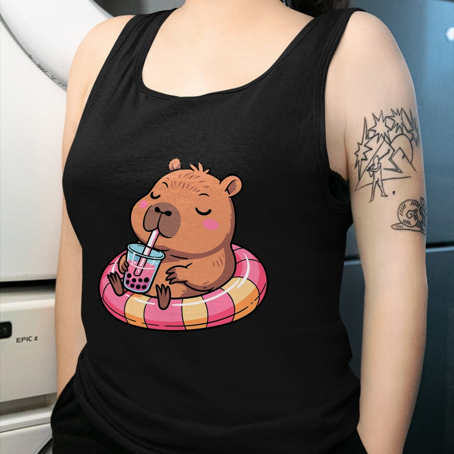 Cute Capybara Shirt, Funny Capybara Unisex T-Shirt/Hoodie/Sweatshirt HLT00 - Kawaii Capybara Bubble Tea Pool Float Teen Girls and Her Mom T-Shirt
