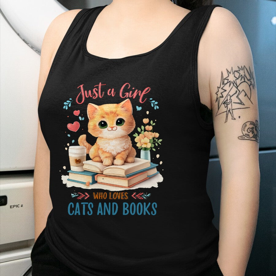 Cat Love Shirt, Funny Cat Lover Gift UnisexT-Shirt/Hoodie/Sweatshirt HLT00 - Just a Girl Who Loves Cats and Books Reading Cat & Bookworm Long Sleeve T-Shirt