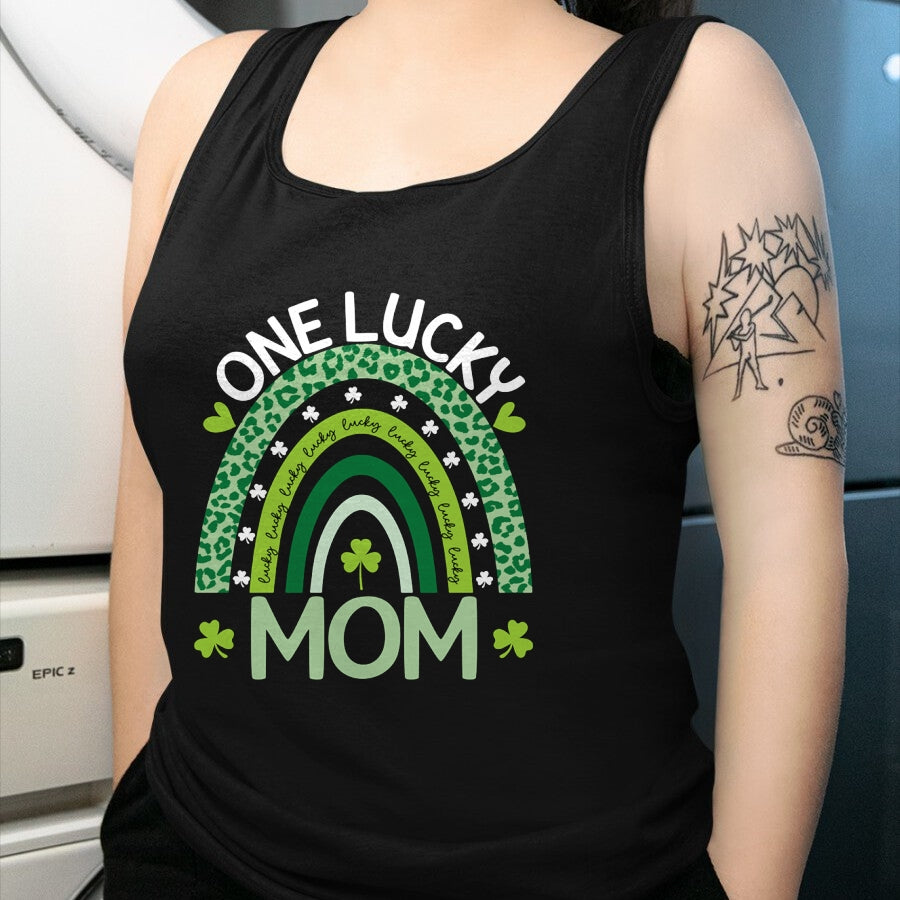 Gift for Mom Shirt, Funny Mom Unisex T-Shirt/Hoodie/Sweatshirt HLT00 - One Lucky Mom Leopard Rainbow St Patricks Day Clover Long Sleeve T-Shirt