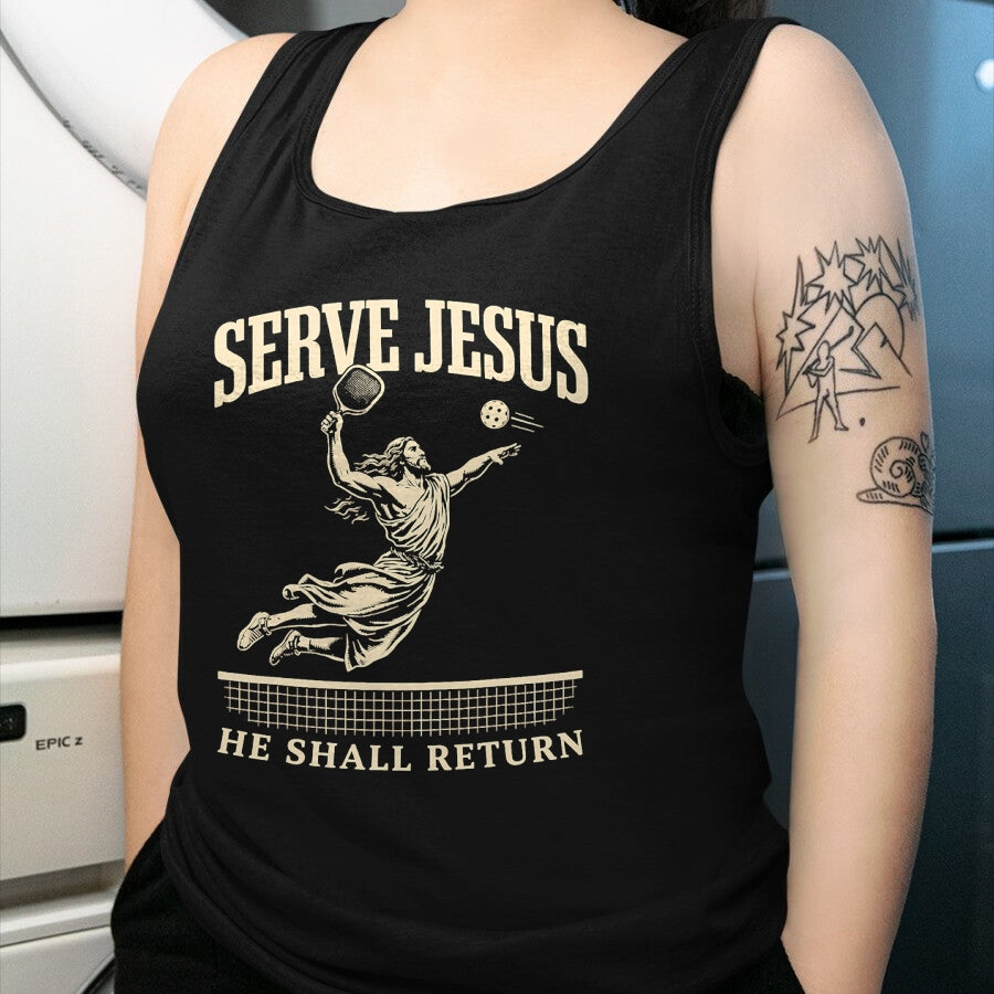 Funny Pickleball Shirt, Pickleball Lover Unisex T-Shirt/Hoodie/Sweatshirt HLT00 - Serve Jesus He Shall Return Pickleball Player Christian T-Shirt