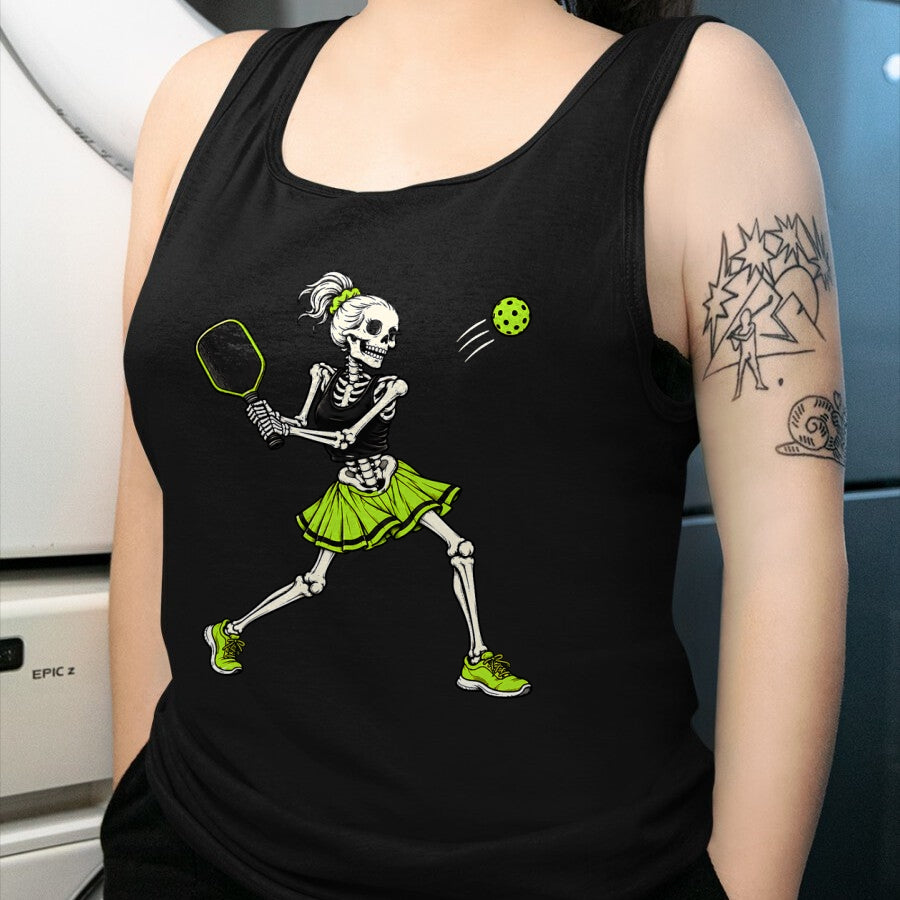 Funny Pickleball Shirt, Pickleball Lover Unisex T-Shirt/Hoodie/Sweatshirt HLT00 - Funny Pickleball Skeleton Halloween Sport Spooky Women Girls T-Shirt
