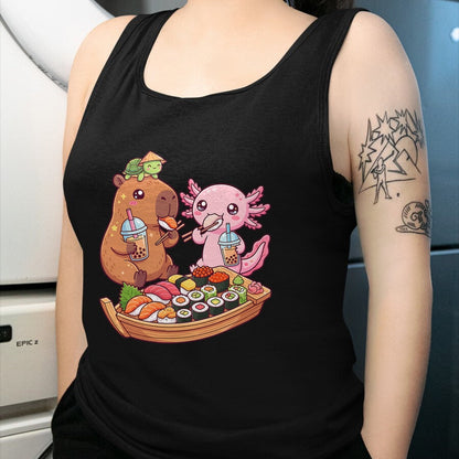 Cute Capybara Shirt, Funny Capybara Unisex T-Shirt/Hoodie/Sweatshirt HLT00 - Cute Capybara Axolotl Sushi Nigiri Bubble Tea Anime Food T-Shirt