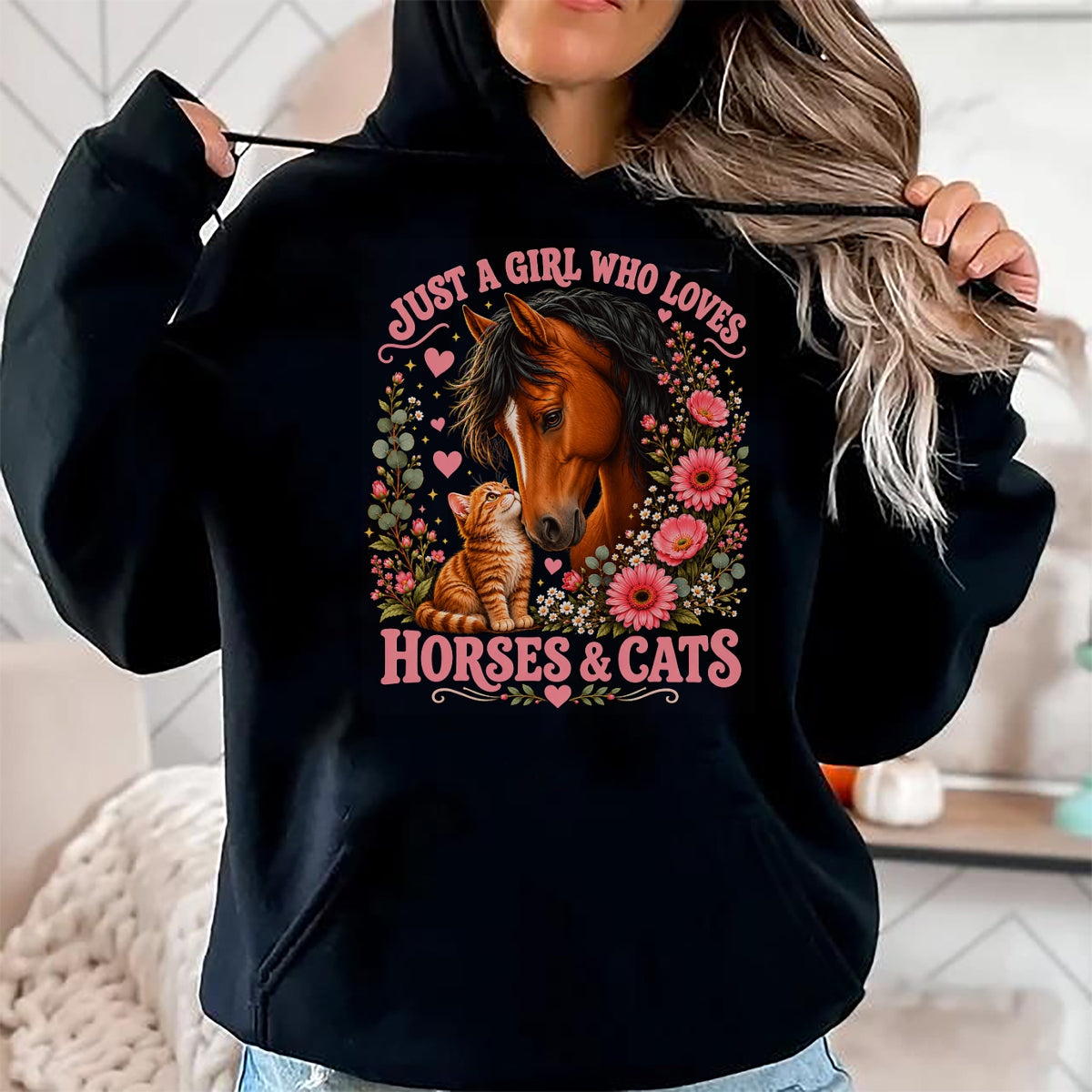 Best Horse Lover Shirt , Funny Horse UnisexT-Shirt/Hoodie/Sweatshirt HLT00 - Just a Girl Who Loves Horses and Cats Floral Animal Lover T-Shirt