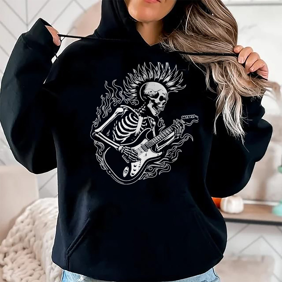 Guitar Lover Shirt, Funny Guitar UnisexT-Shirt/Hoodie/Sweatshirt HLT00 - Punk Rock Skeleton Electric Guitar Rocker Men Boys Kids T-Shirt, Men, Black, Large