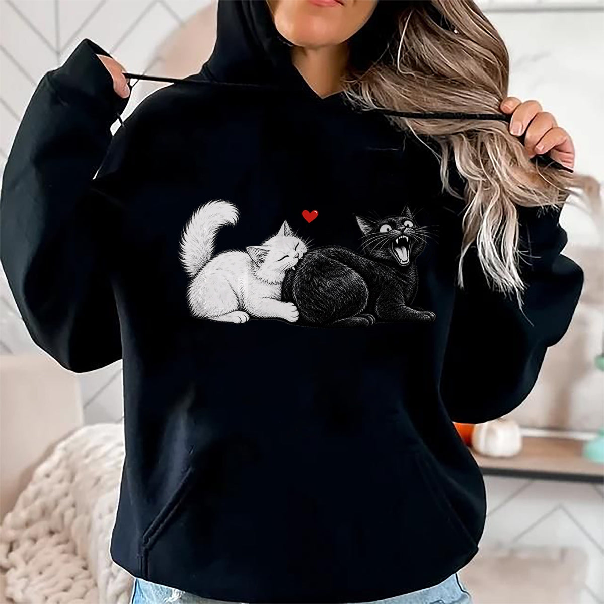 Cat Love Shirt, Funny Cat Lover Gift UnisexT-Shirt/Hoodie/Sweatshirt HLT00 - Funny Cat Couple Black White Cats Love Cat Biting Cat Butt T-Shirt (1)