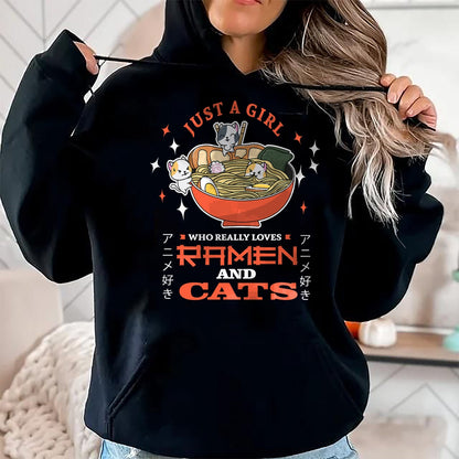 Cat Love Shirt, Funny Cat Lover Gift UnisexT-Shirt/Hoodie/Sweatshirt HLT00 - Just a girl who really loves Ramen and cats Design T-Shirt