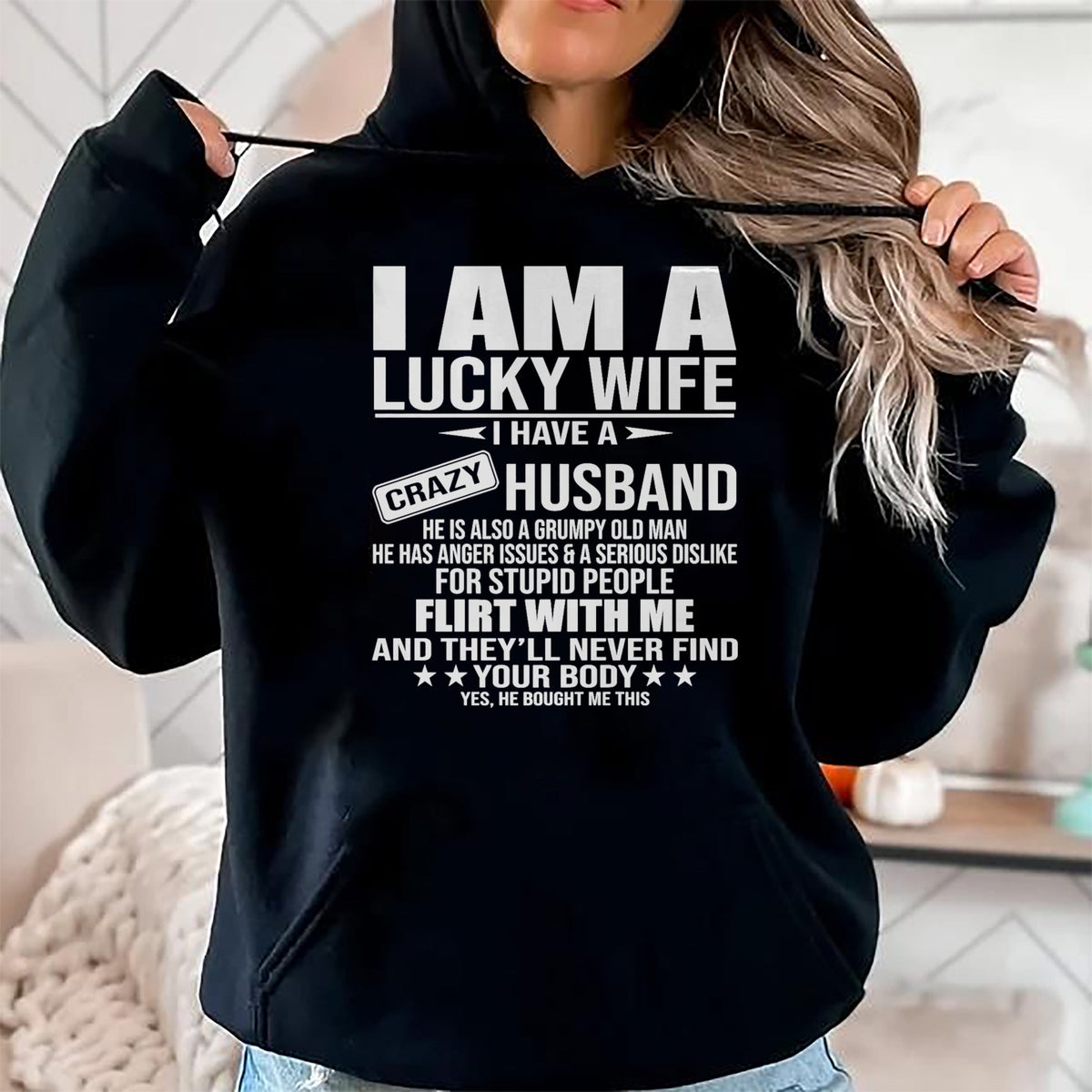 Best Wife Shirt, Wife and Husband Unisex T-Shirt/Hoodie/Sweatshirt HLT00 - Gift for wife T shirt, lucky wife   I Am A Lucky Wife I Have A Crazy Husband Premium T-Shirt (1)