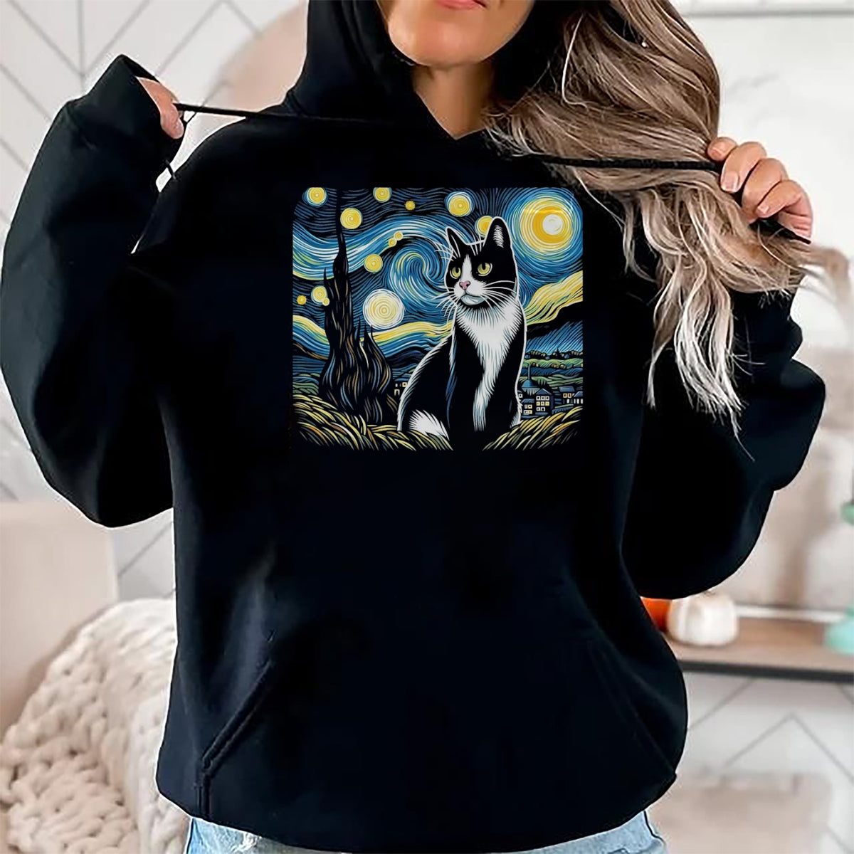 Cat Love Shirt, Funny Cat Lover Gift UnisexT-Shirt/Hoodie/Sweatshirt HLT00 - Tuxedo Cat Starry Night Painting Tuxedo Cat Owner T-Shirt, Men, Black, 3X-Large