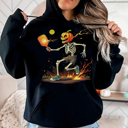 Funny Pickleball Shirt, Pickleball Lover Unisex T-Shirt/Hoodie/Sweatshirt HLT00 - Pumpkin Head Skeleton Pickleball Halloween Spooky Sports T-Shirt