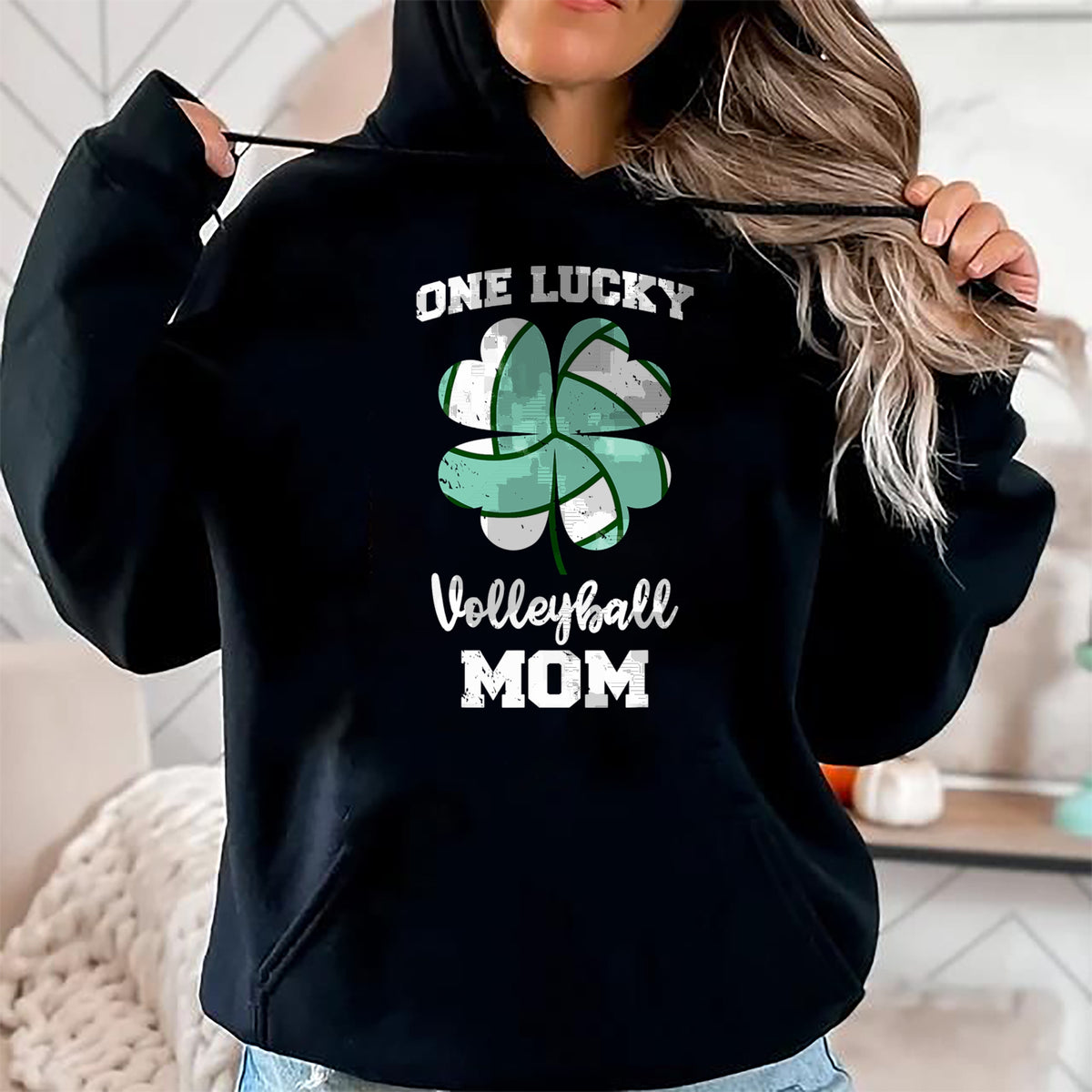 Gift for Mom Shirt, Funny Mom Unisex T-Shirt/Hoodie/Sweatshirt HLT00 - One Lucky Volleyball Mom Funny Volleyball Shamrock Clover T-Shirt