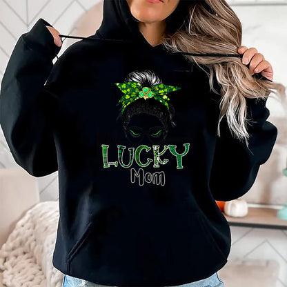 Gift for Mom Shirt, Funny Mom Unisex T-Shirt/Hoodie/Sweatshirt HLT00 - One Lucky Mom St Patricks Day Shamrock Messy Bun T-Shirt