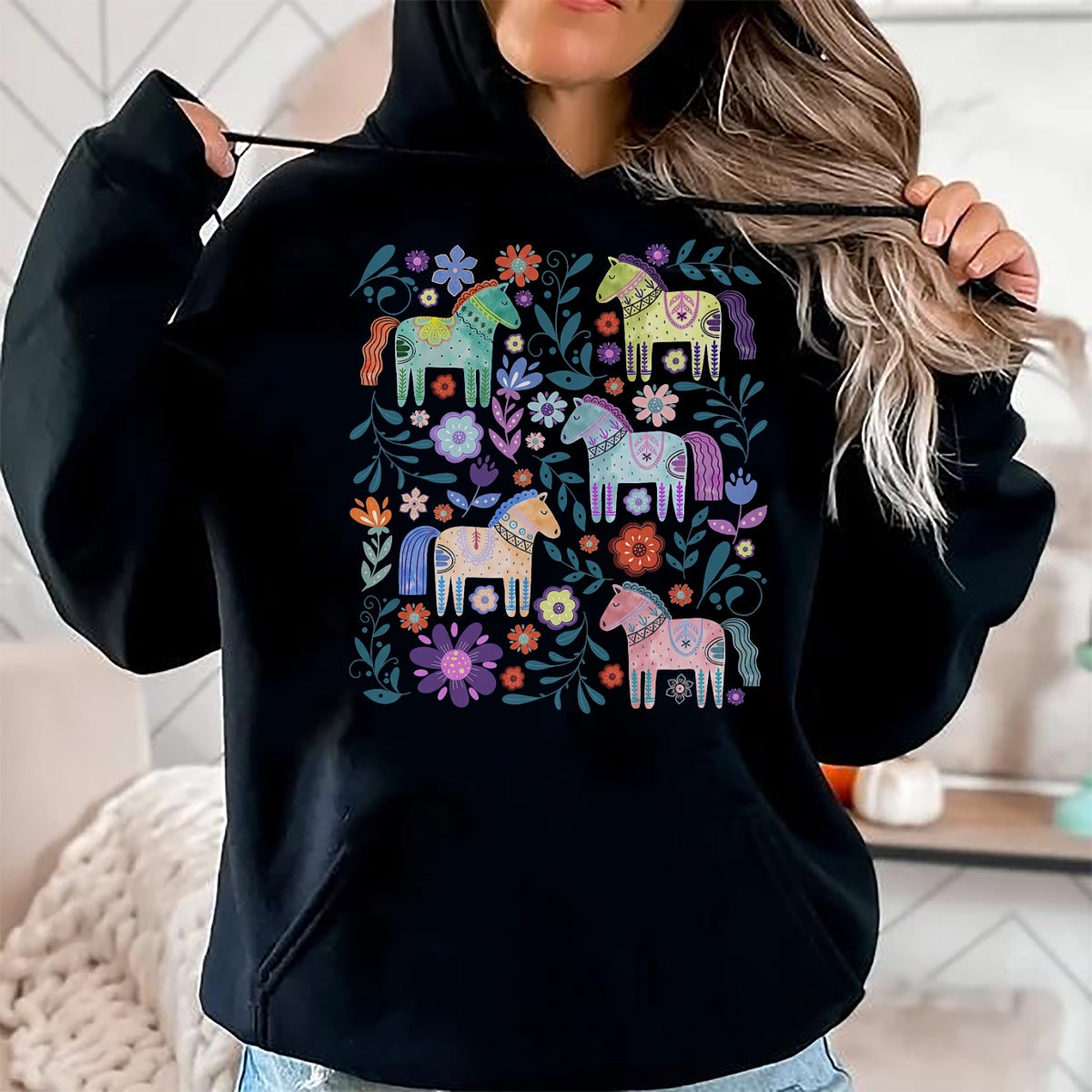 Best Horse Lover Shirt , Funny Horse UnisexT-Shirt/Hoodie/Sweatshirt HLT00 - Cottagecore Dala Horse Scandinavian Folk Art Floral Animals T-Shirt