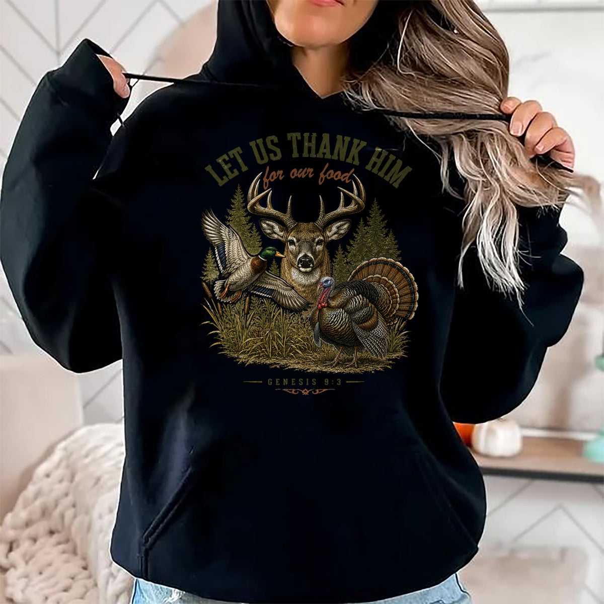Funny Hunting Shirt, Gift For Hunting Lover Unisex T-Shirt/Hoodie/Sweatshirt HLT00 - Let Us Thank Him for Our Food Christian Turkey Deer Duck T-Shirt