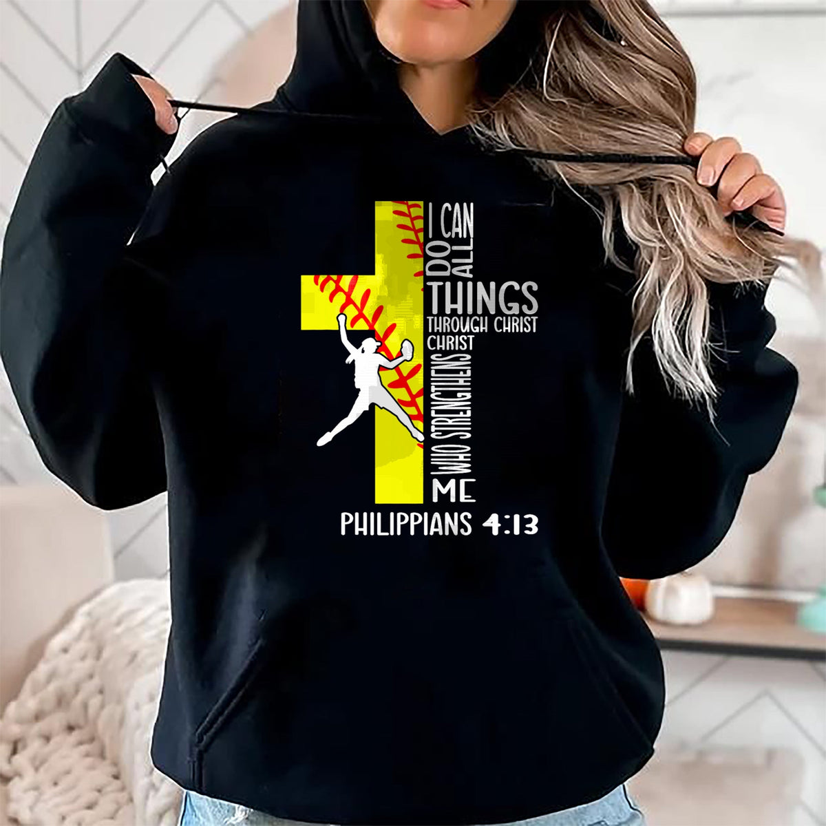 Christian Tee, Christian Faith Unisex T-Shirt/Hoodie/Sweatshirt HLT00 - I Can Do All Things Through Christ Softball Christian Bible T-Shirt