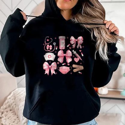 Funny Nurse Shirt, Nurse Unisex T-Shirt/Hoodie/Sweatshirt HLT00 - Women Pink Retro Nurse Coquette Pink Bow Girlie Nurse Life T-Shirt
