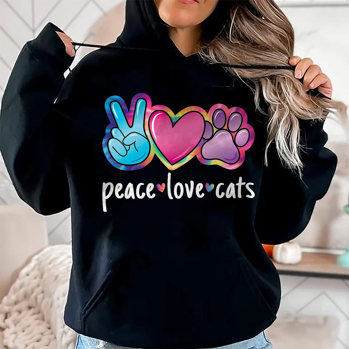 Cat Love Shirt, Funny Cat Lover Gift UnisexT-Shirt/Hoodie/Sweatshirt HLT00 - Peace Love Cats Cute Cat Kitten Lover Paw Cat Women Girls T-Shirt